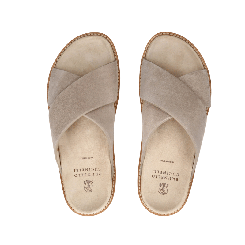 Brunello Cucinelli Suede Crossover Slide Sandals Beige