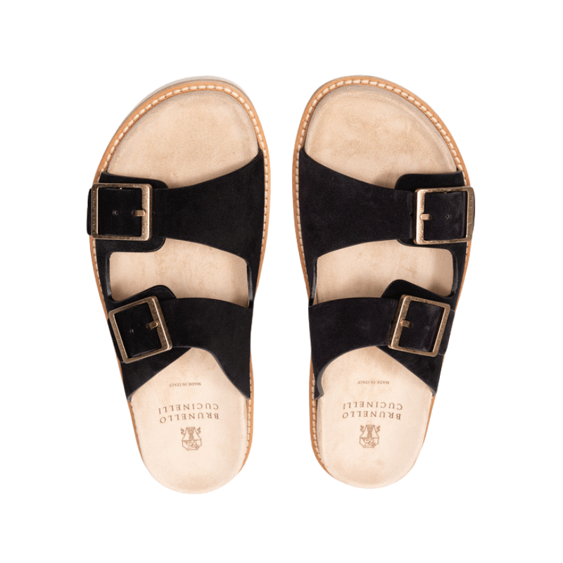 Brunello Cucinellio Suede Double-Strap Slide Sandals Black