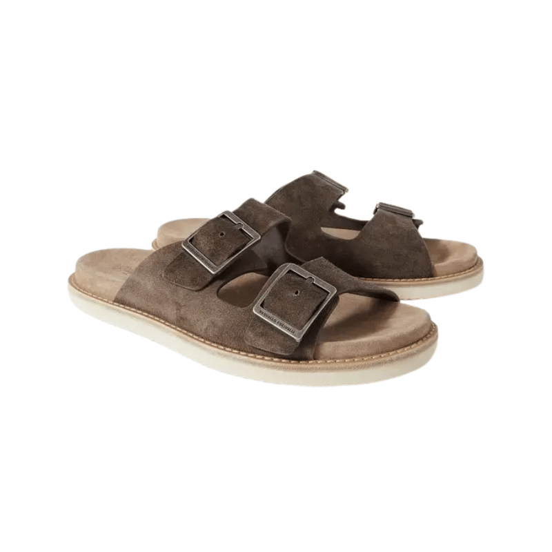 Brunello Cucinellio Suede Double-Strap Slide Sandals Brown