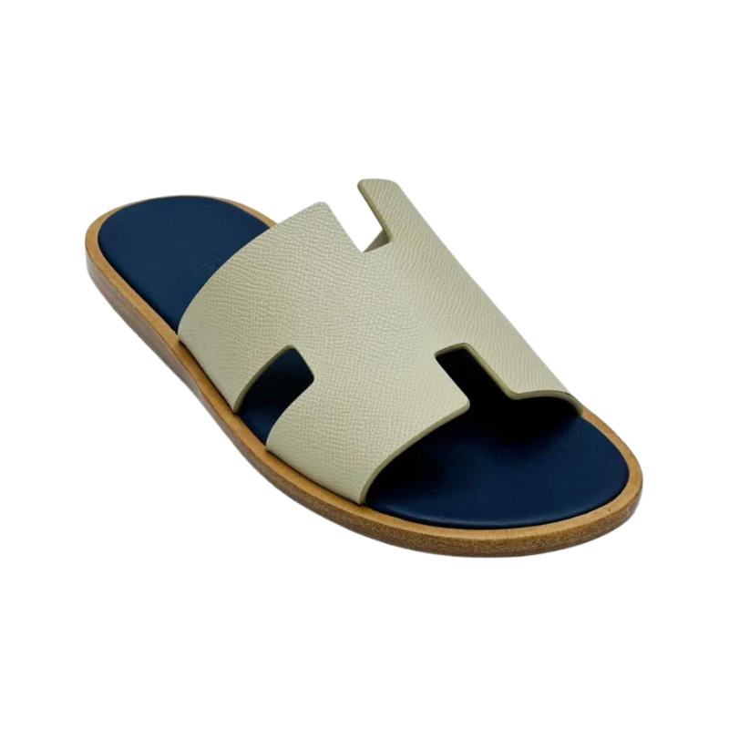 Hermes Izmir sandal calfskin Beige strap with a Blue insole