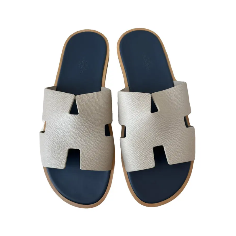 Hermes Izmir sandal calfskin Beige strap with a Blue insole
