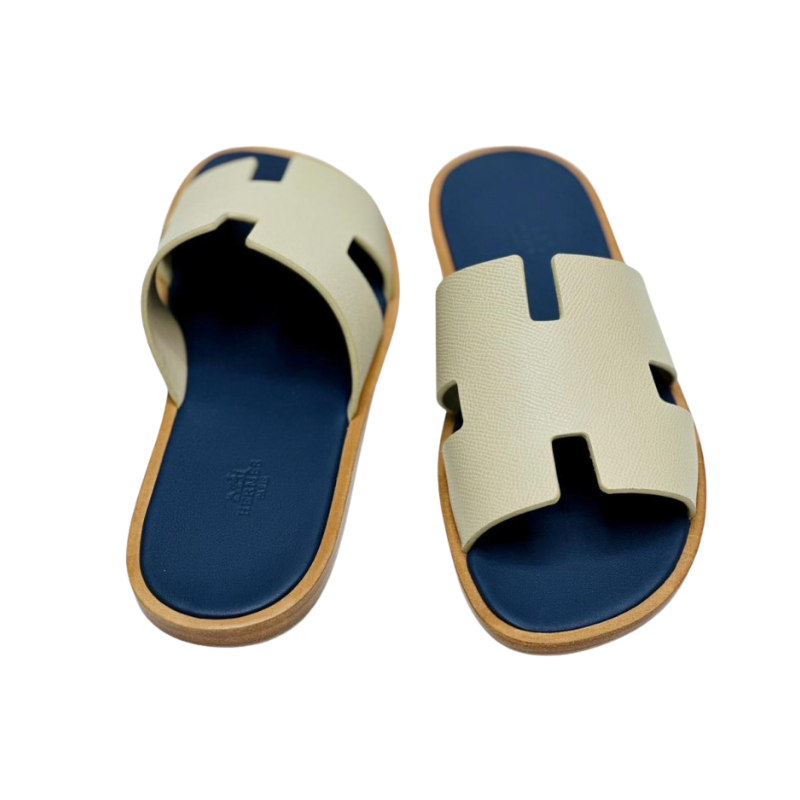 Hermes Izmir sandal calfskin Beige strap with a Blue insole