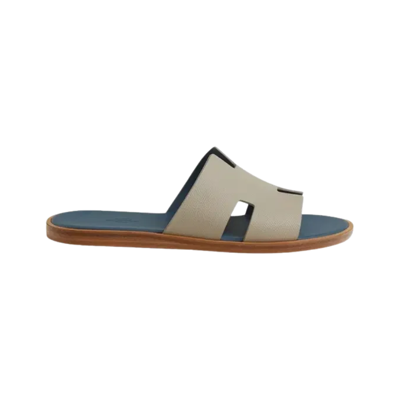 Hermes Izmir sandal calfskin Beige strap with a Blue insole