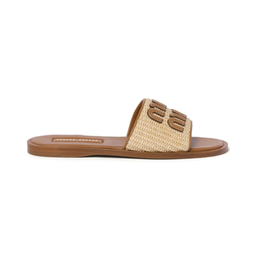 Miu Miu logo-patch raffia slides - natural tan