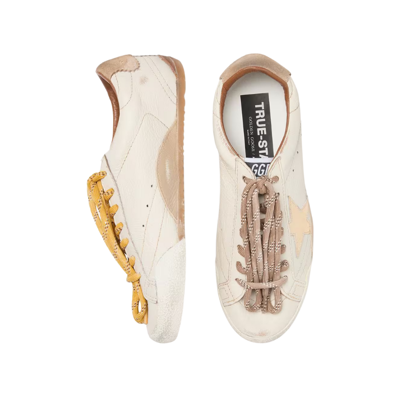 Golden Goose True-Star white nappa leather with a gold star and beige suede